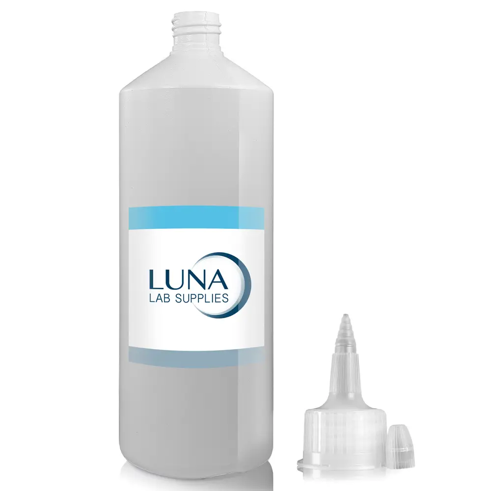 1 Litre White HDPE Plastic Round Bottle & 28mm Natural Spout Cap