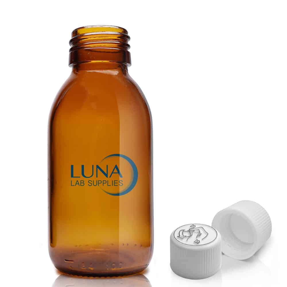 100ml Amber Glass Sirop Bottle & 28mm White Medilock Cap