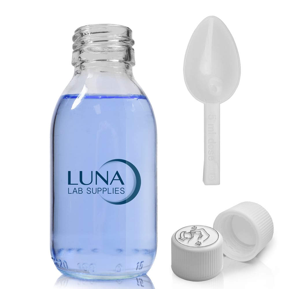 100ml Clear Glass Sirop Bottle With White Medilock Cap & Spoon