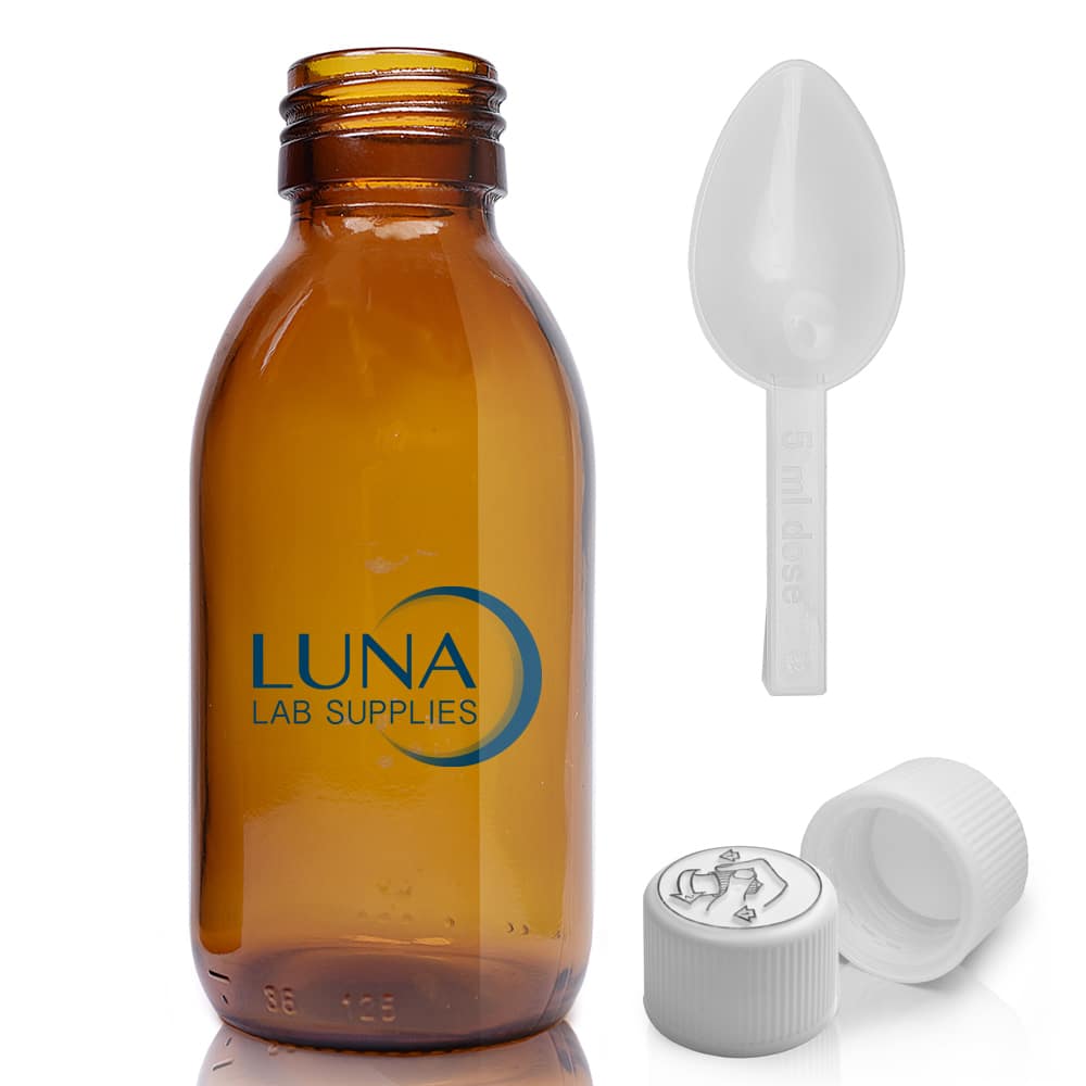 125ml Amber Glass Sirop Bottle With White Medilock Cap & Spoon
