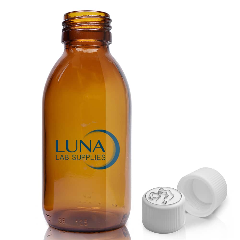 125ml Amber Glass Sirop Bottle & 28mm White Medilock Cap