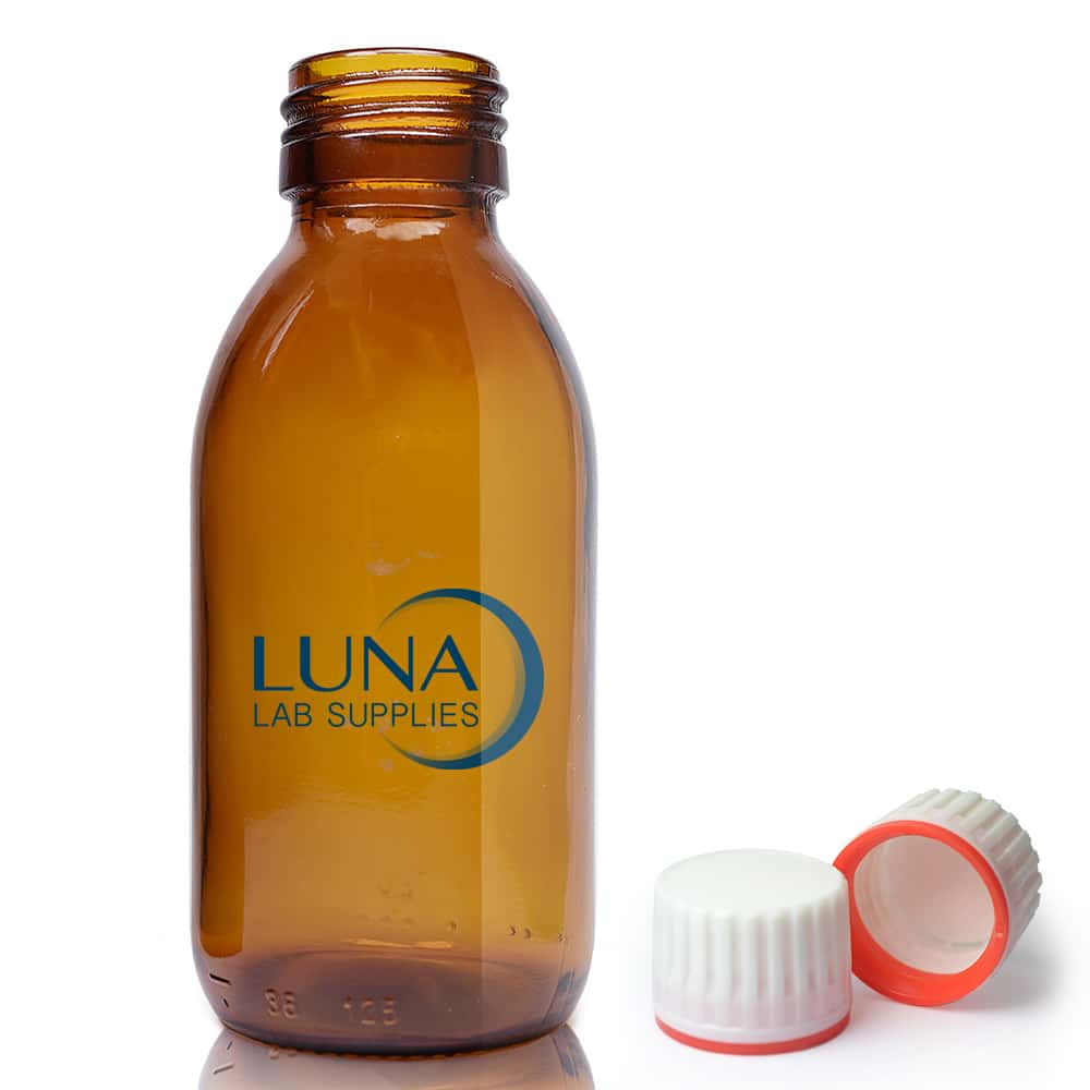 125ml Amber Glass Sirop Bottle & 28mm (Red Band) T/E Cap
