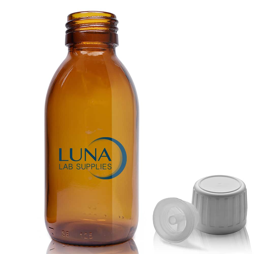 125ml Amber Glass Sirop Bottle With TE Cap & Pourer Insert