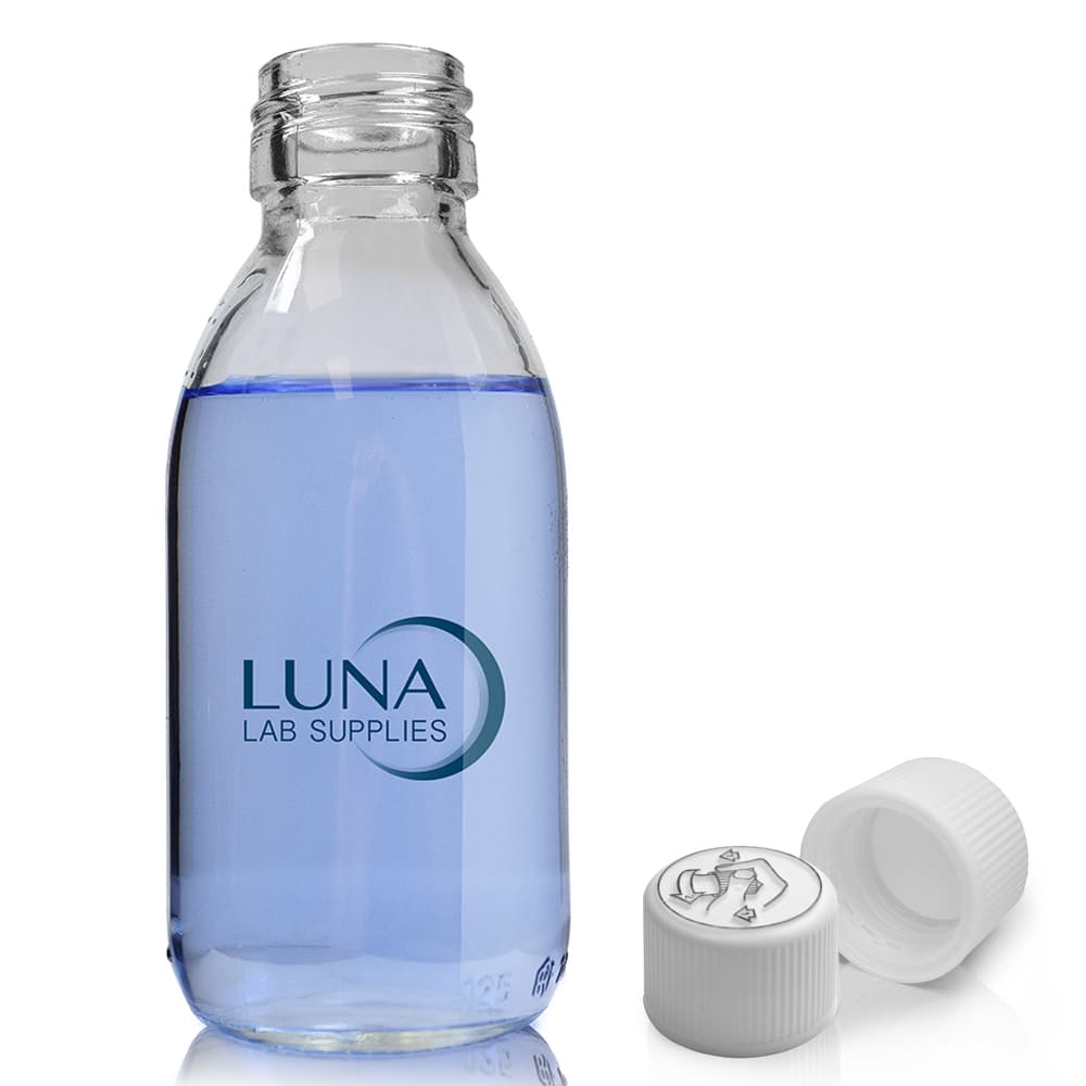 125ml Clear Glass Sirop Bottle & 28mm White Medilock Cap