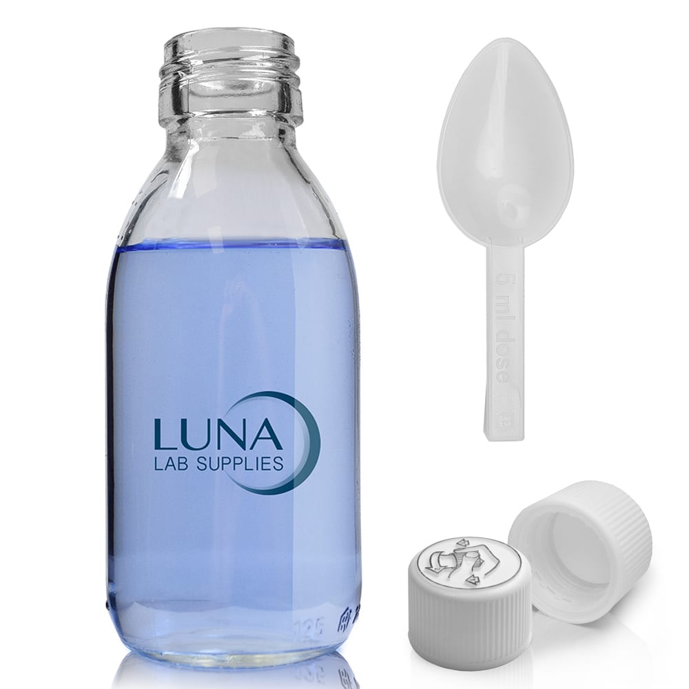 125ml Clear Glass Sirop Bottle With White Medilock Cap & Spoon