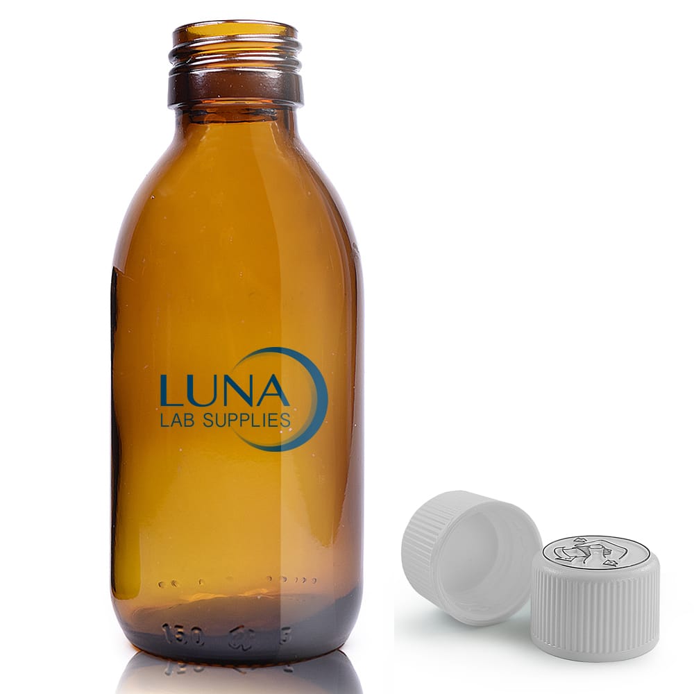 150ml Amber Glass Sirop Bottle  & 28mm White CR Cap
