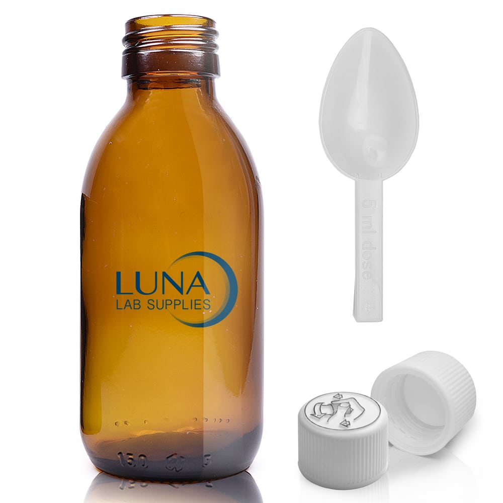 150ml Amber Glass Sirop Bottle With White Medilock Cap & Spoon