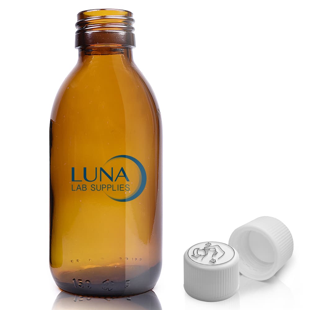 150ml Amber Glass Sirop Bottle & 28mm White Medilock Cap