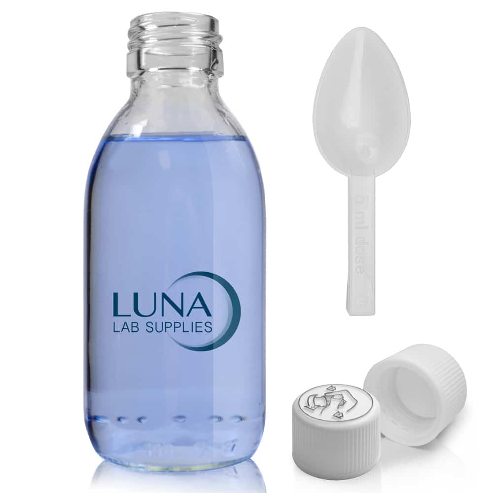 150ml Clear Glass Sirop Bottle With White Medilock Cap & Spoon