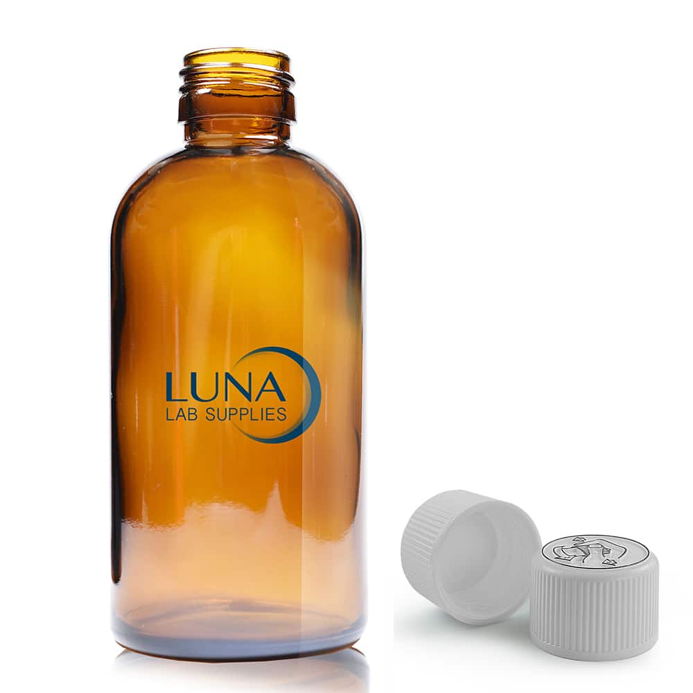 200ml Amber Glass Boston Bottle & 28mm White CR Cap
