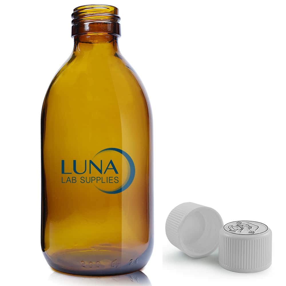 200ml Amber Glass Sirop Bottle & 28mm White CR Cap
