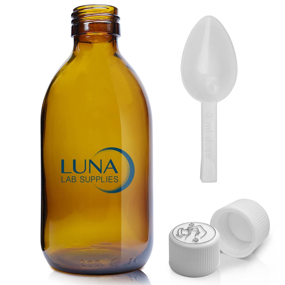 200ml Amber Glass Sirop Bottle With White Medilock Cap & Spoon