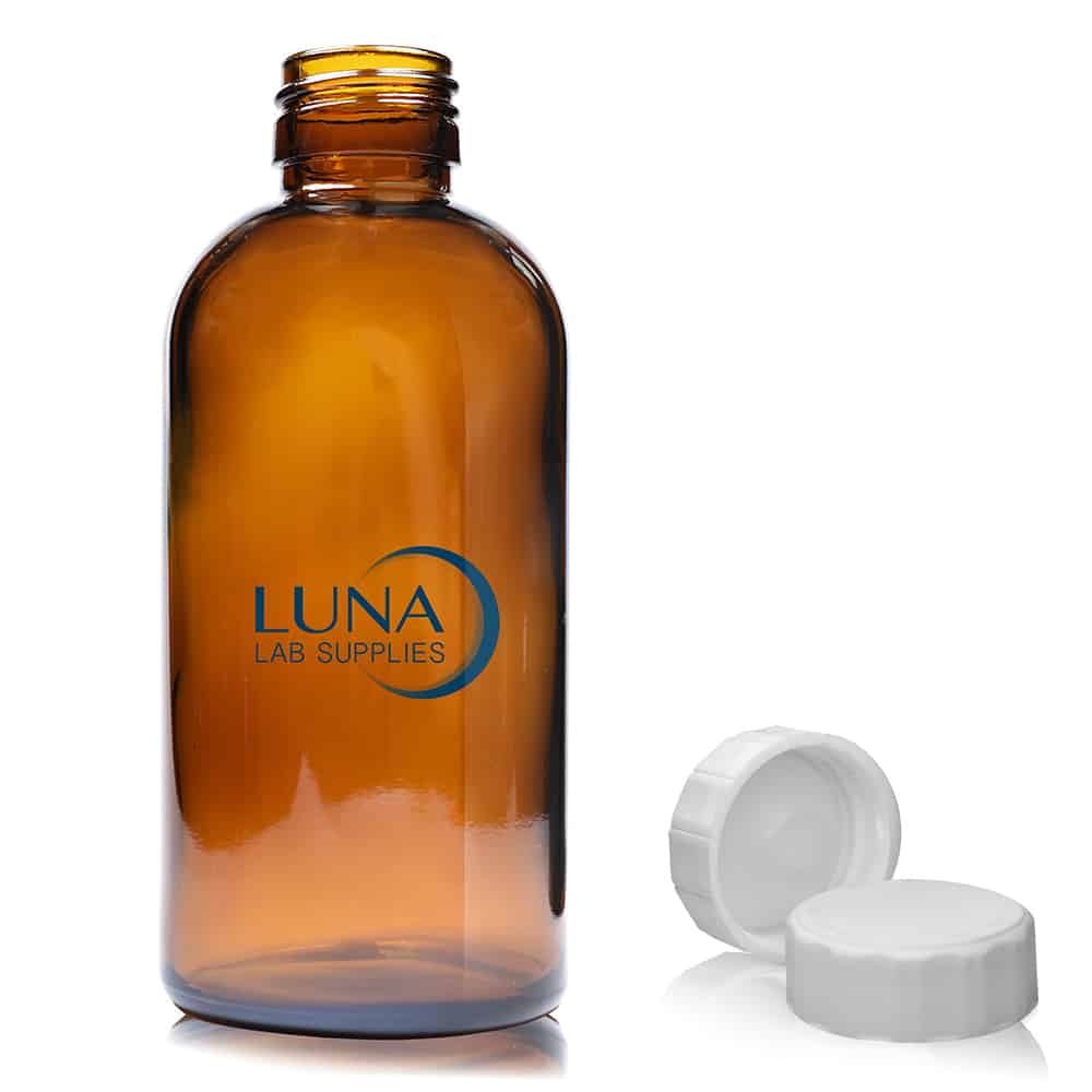 250ml Amber Boston Bottle Luna with white polycone cap