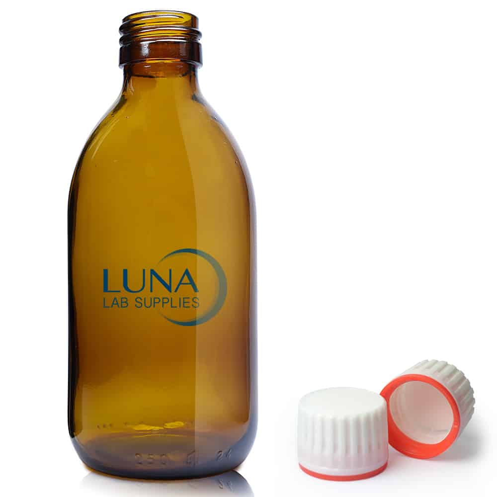 250ml Amber Glass Sirop Bottle & 28mm (Red Band) T/E Cap
