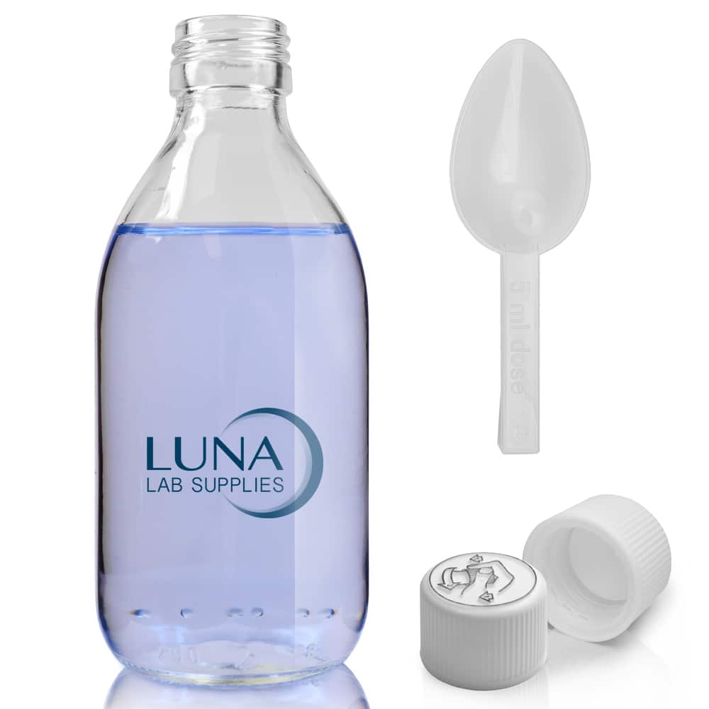 250ml Clear Glass Sirop Bottle With White Medilock Cap & Spoon