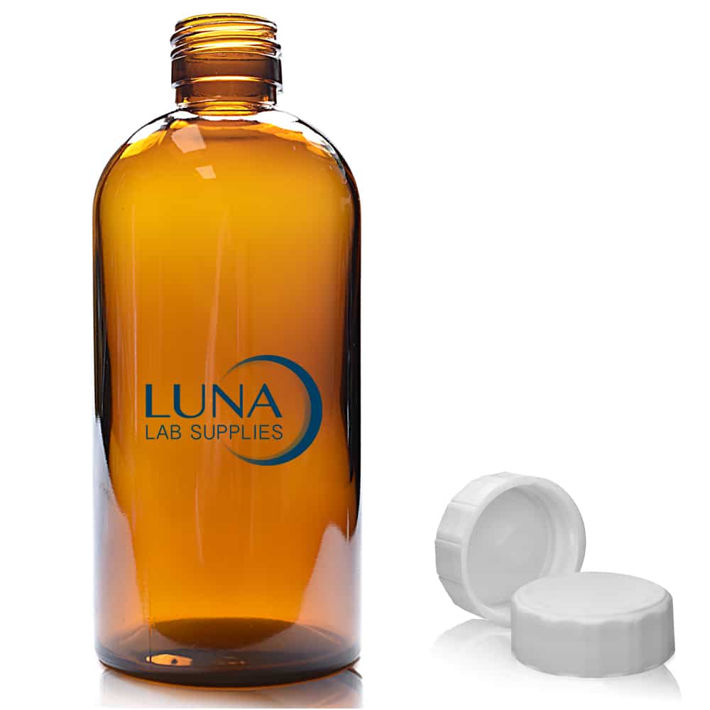 300ml Amber Boston Bottle Luna with white poly cap