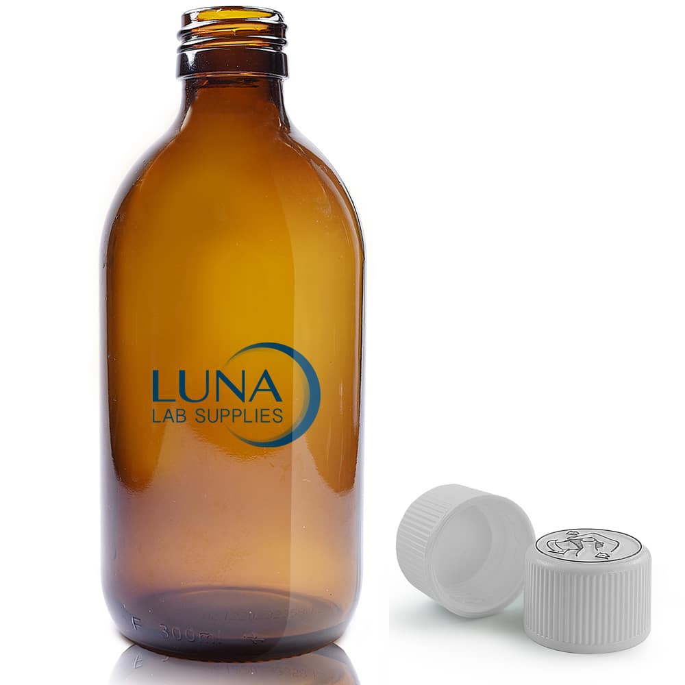 300ml Amber Glass Sirop Bottle & 28mm White CR Cap