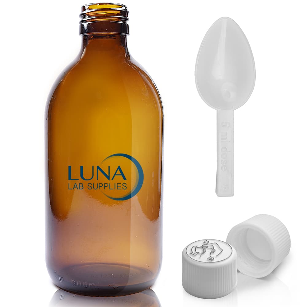 300ml Amber Glass Sirop Bottle With White Medilock Cap & Spoon