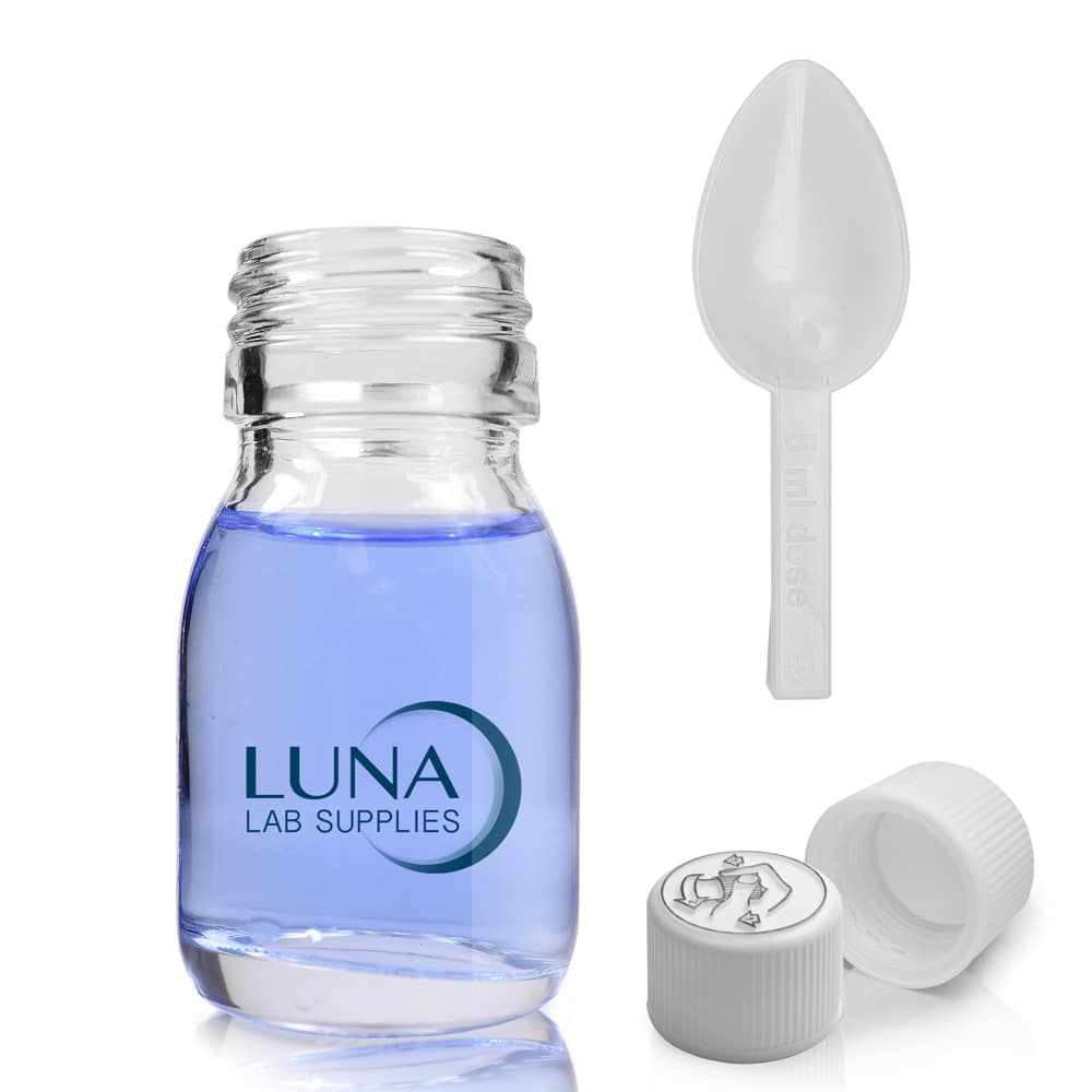 30ml Clear Glass Sirop Bottle With White Medilock Cap & Spoon