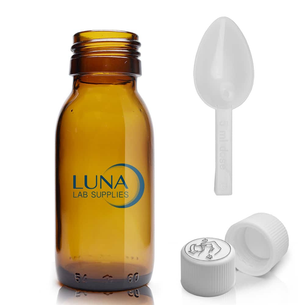 60ml Amber Glass Sirop Bottle With White Medilock Cap & Spoon