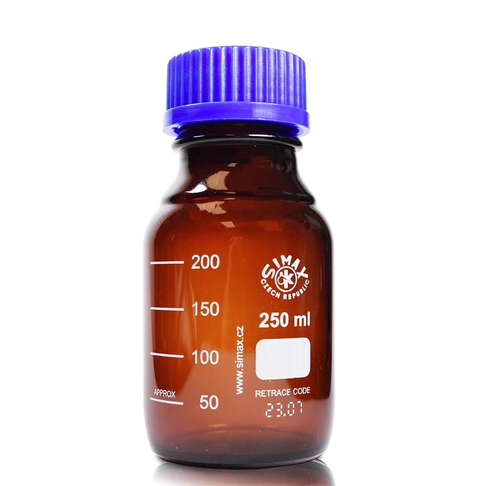 250ml Amber Glass Media Bottle with Blue Screw Cap