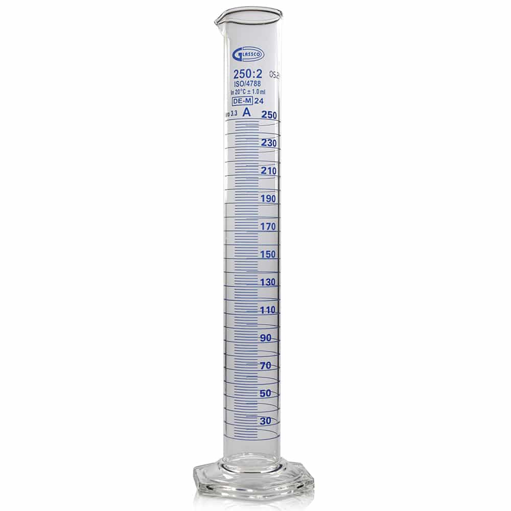 250ml Borosilicate Glass Hex Base Measuring Cylinder