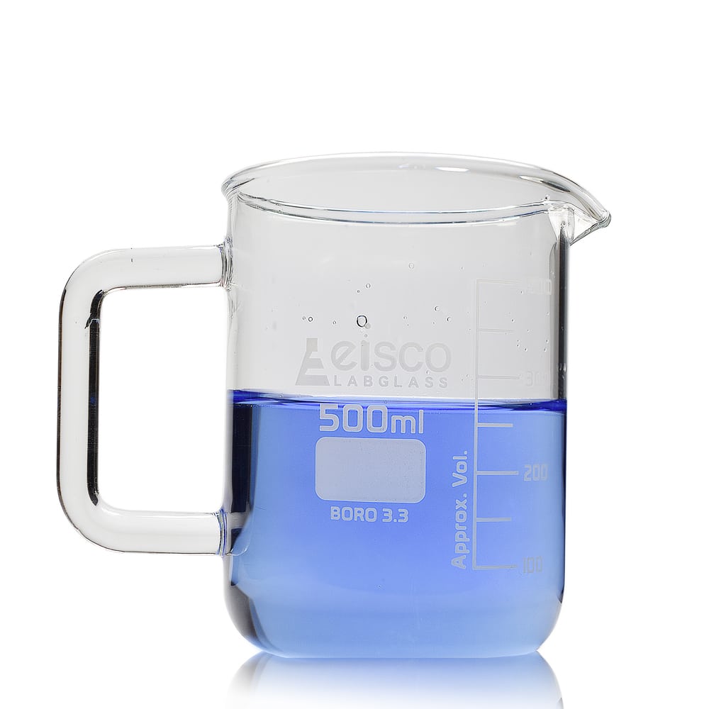 500ml Low  Form Eisco Labglass Glass Beaker Mug with Handle