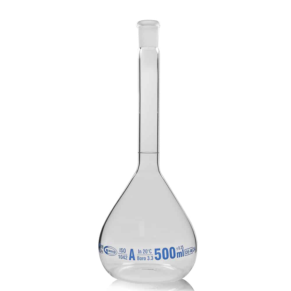 500ml Glassco Borosilicate Glass Volumetric Flask with Plastic Stopper