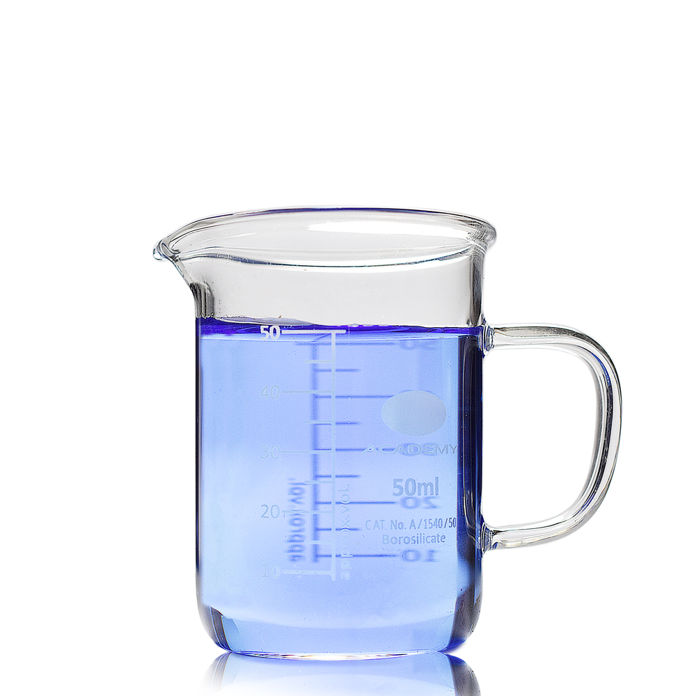 50ml Academy glass beaker with handle filled