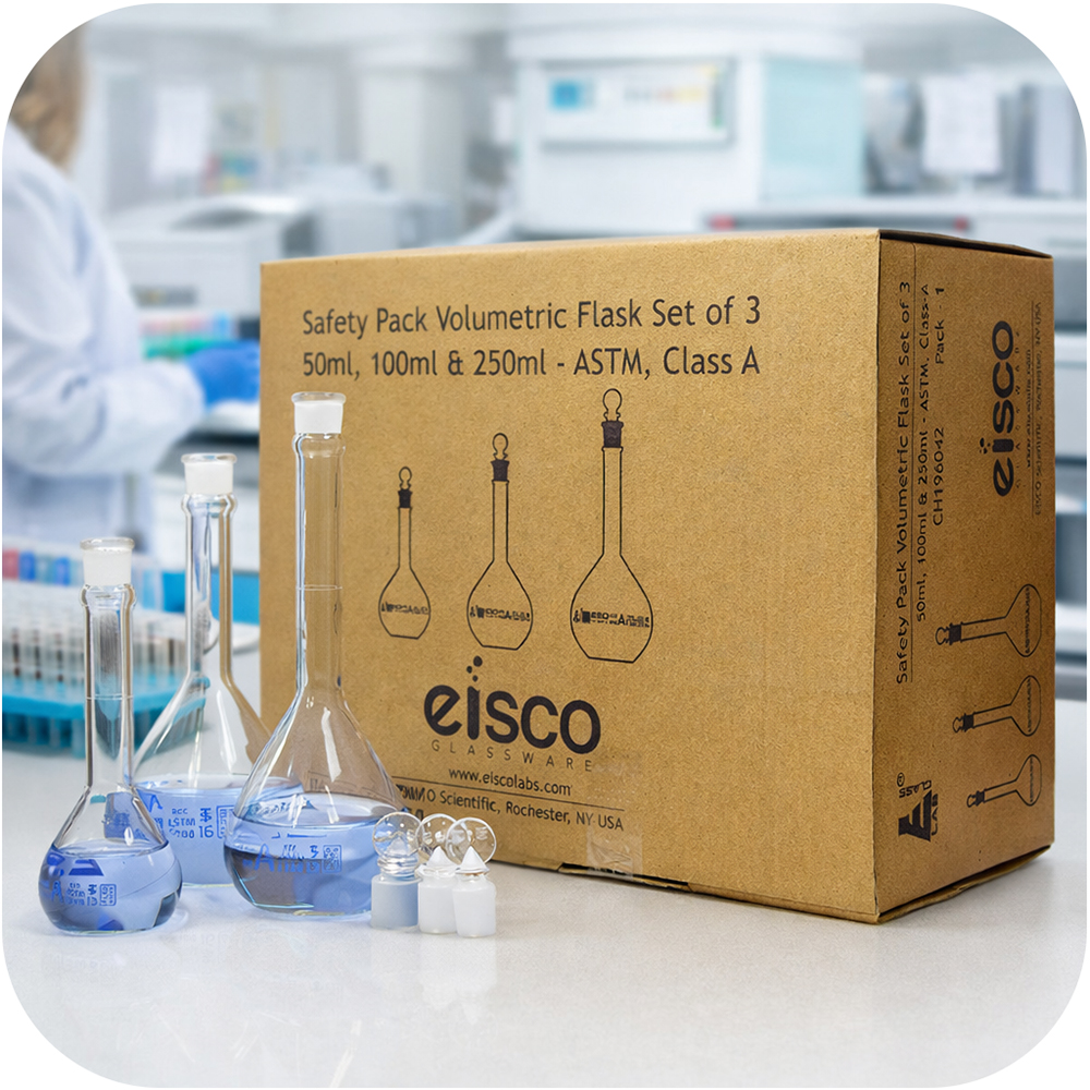 Volumetric flask kit on background